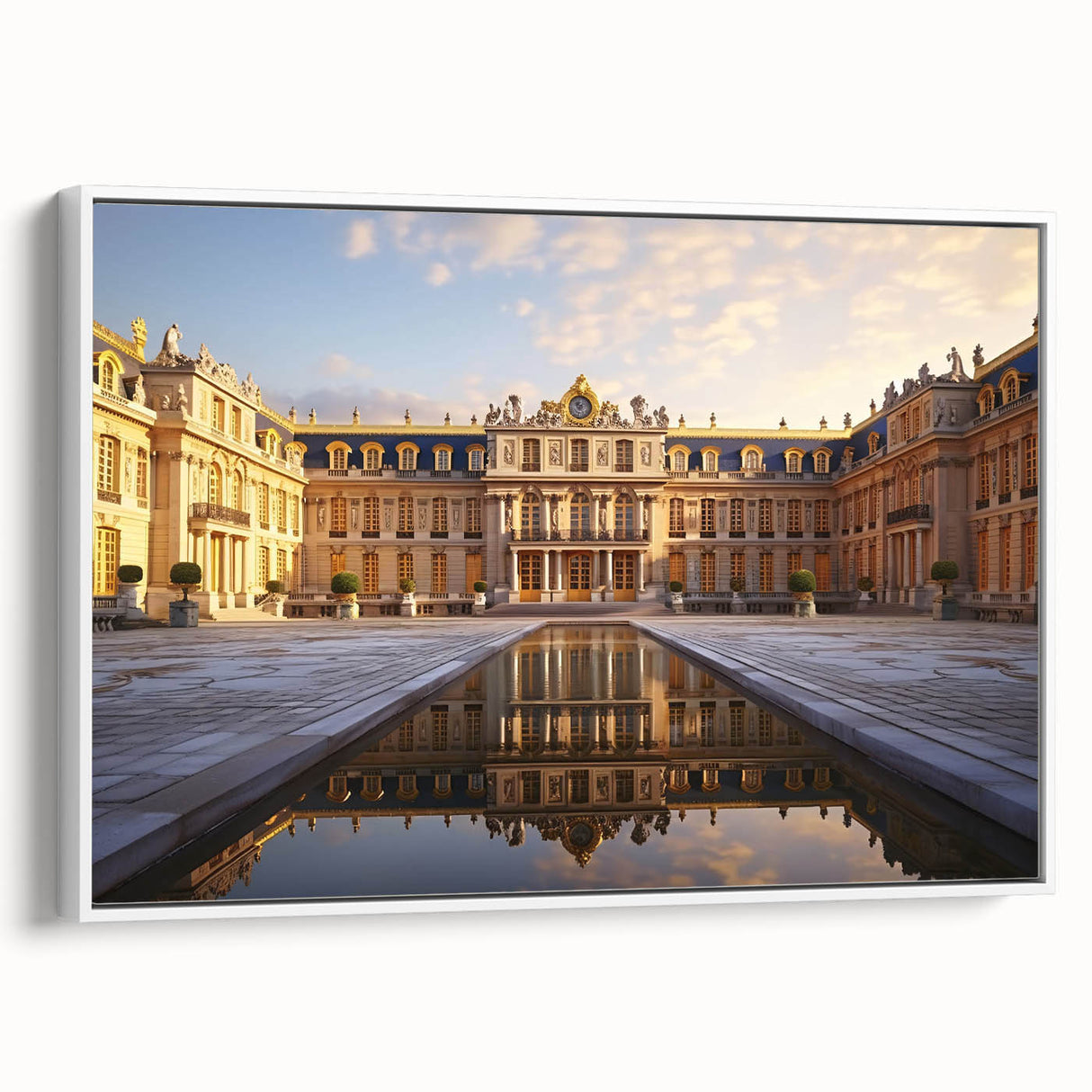 Vintage poster art of Versailles scenery, colorful art on extra large framed canvas, ideal for living room decor.