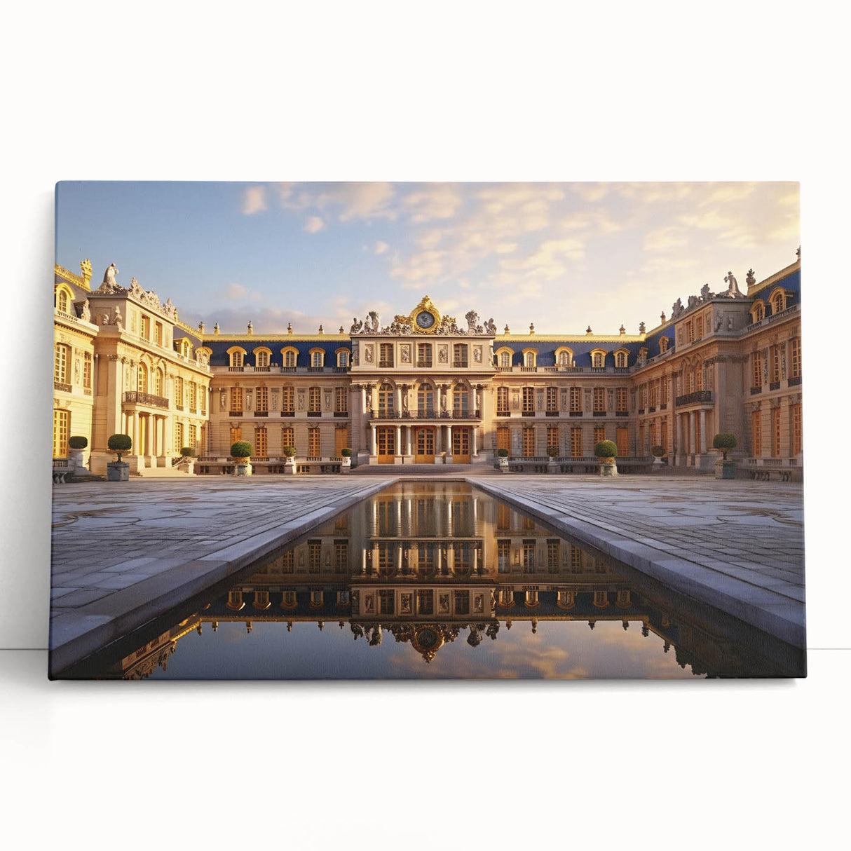 Black and white print of the Versailles palace on stretched canvas, ideal for kitchen wall art.