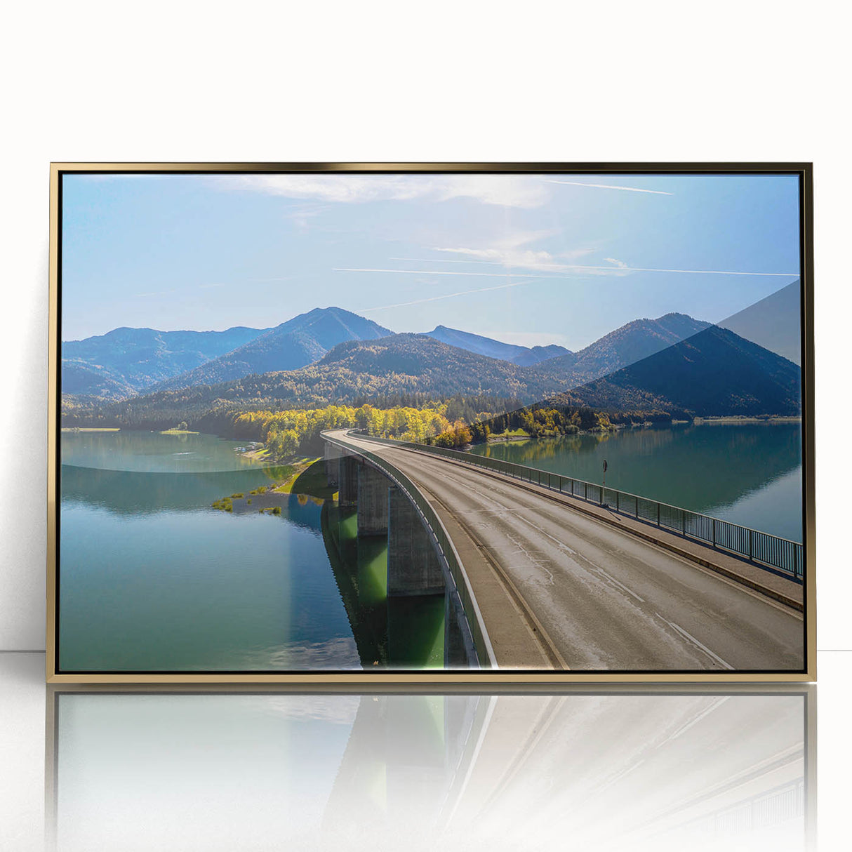 Art deco poster of Bavarian landscape, muted earth tones, framed acrylic, ideal for modern nursery wall decor.
