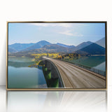 Art deco poster of Bavarian landscape, muted earth tones, framed acrylic, ideal for modern nursery wall decor.