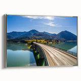 Framed canvas landscape art painting depicting a serene Bavarian scene in vibrant colors, ideal for living room decor.