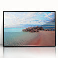 Large abstract wall art depicting the Crete, Greece coastline in muted blue and white tones, framed in black acrylic.