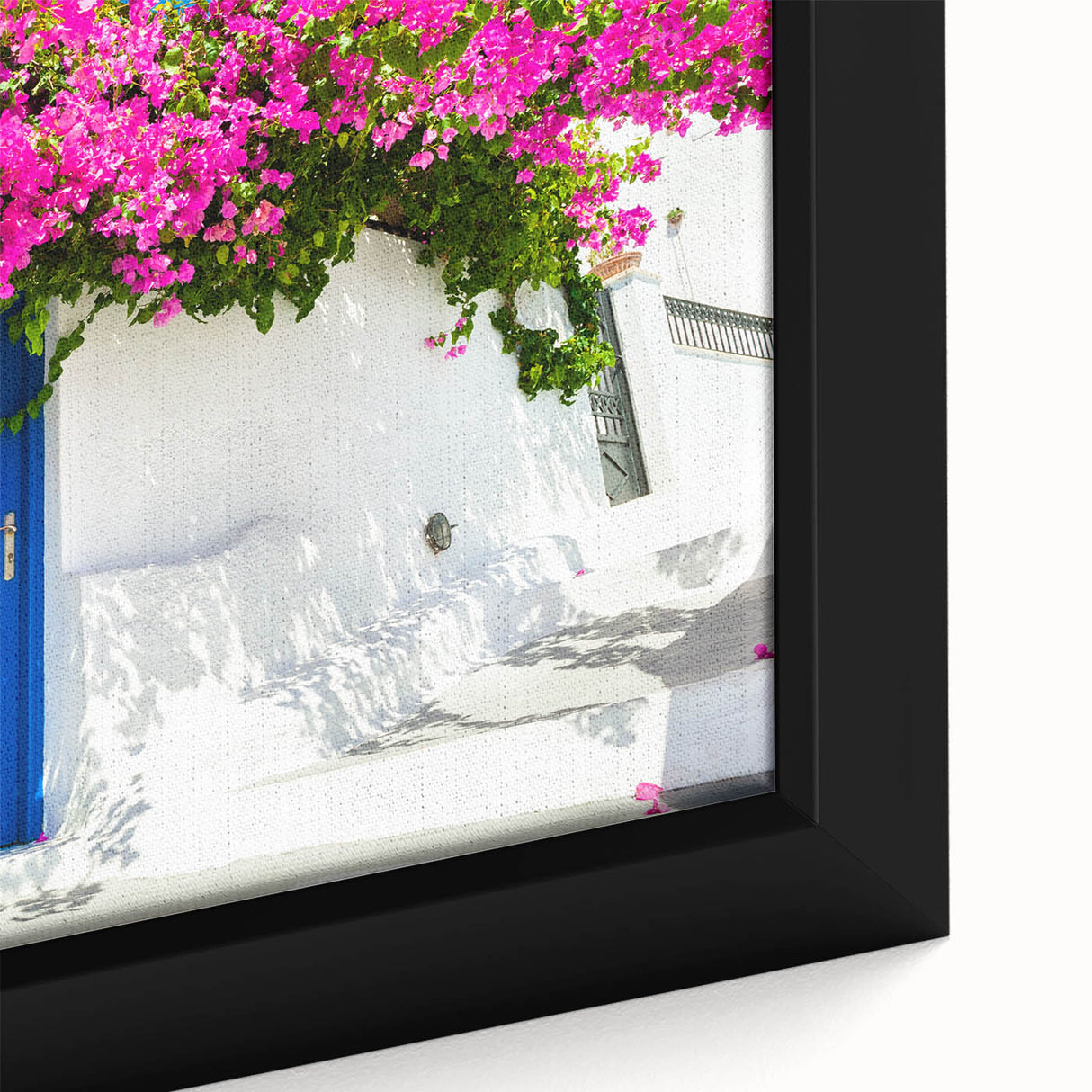 Extra large framed canvas depicting a black textured art of Santorini, Greece, with colorful accents.