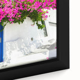 Extra large framed canvas depicting a black textured art of Santorini, Greece, with colorful accents.