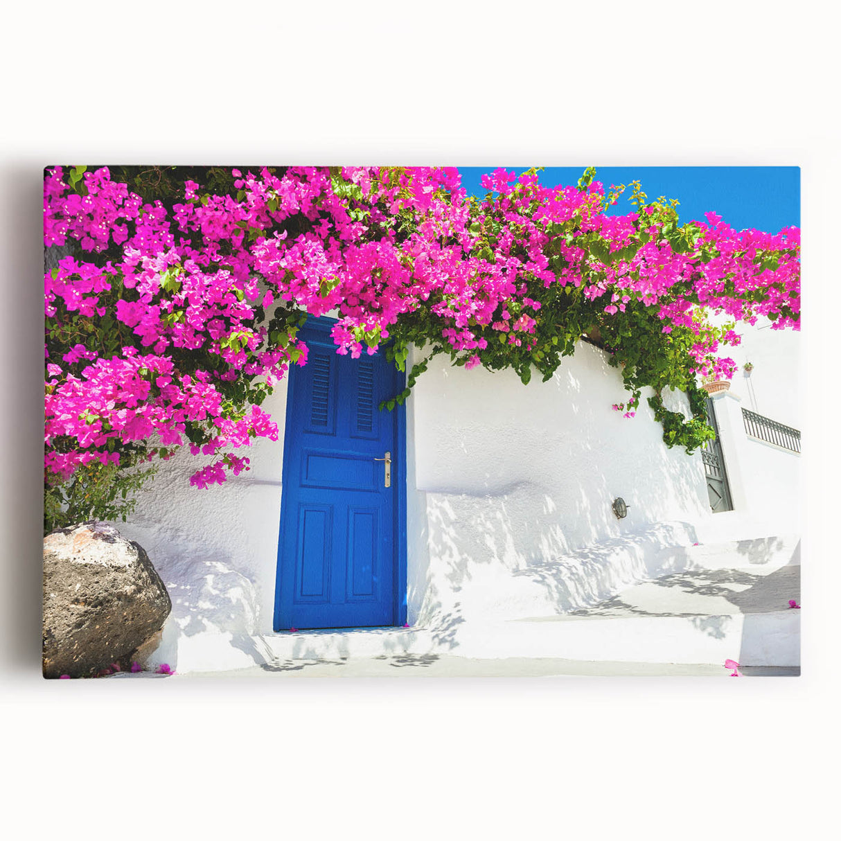Black and white stretched canvas featuring the Santorini landscape, ideal for kitchen wall art.