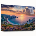 Acrylic print of a European Greek landscape in muted blue and white tones, ideal for dining room decor.