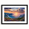 Abstract art print featuring textured, colorful depiction of a European scenery in Greece on a large framed canvas.