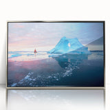 Large art print of a Greenland scenery in muted green and blue tones, framed in silver acrylic.