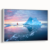 Vintage poster art of a Greenland landscape on framed canvas, featuring muted green and blue tones.