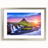 Extra large abstract art print depicting an Icelandic scenery in muted earth tones, framed in silver.