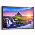 Black and white landscape art painting of a European Icelandic scene on framed canvas, ideal for bedroom wall decor.