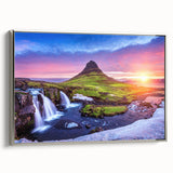 Framed canvas featuring a vintage-style landscape painting of an Icelandic scene, with muted earth tones and vibrant sky.