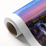Art deco poster of an Icelandic landscape in pastel shades on rolled canvas, ideal for nursery wall art.