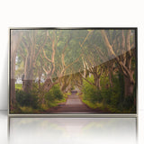 Large art print of a mid-century modernist Irish scenery in silver-framed acrylic, with muted green and earth tones.