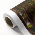 Art deco poster of a serene Irish landscape in soft green and blue tones on rolled canvas, ideal for nursery wall art.