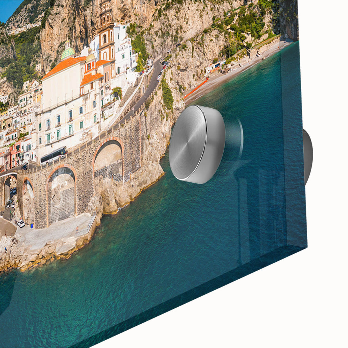 Acrylic print of Amalfi Coast with vivid blue and white tones in a mid-century modernist style, ideal for dining room art.