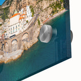 Acrylic print of Amalfi Coast with vivid blue and white tones in a mid-century modernist style, ideal for dining room art.