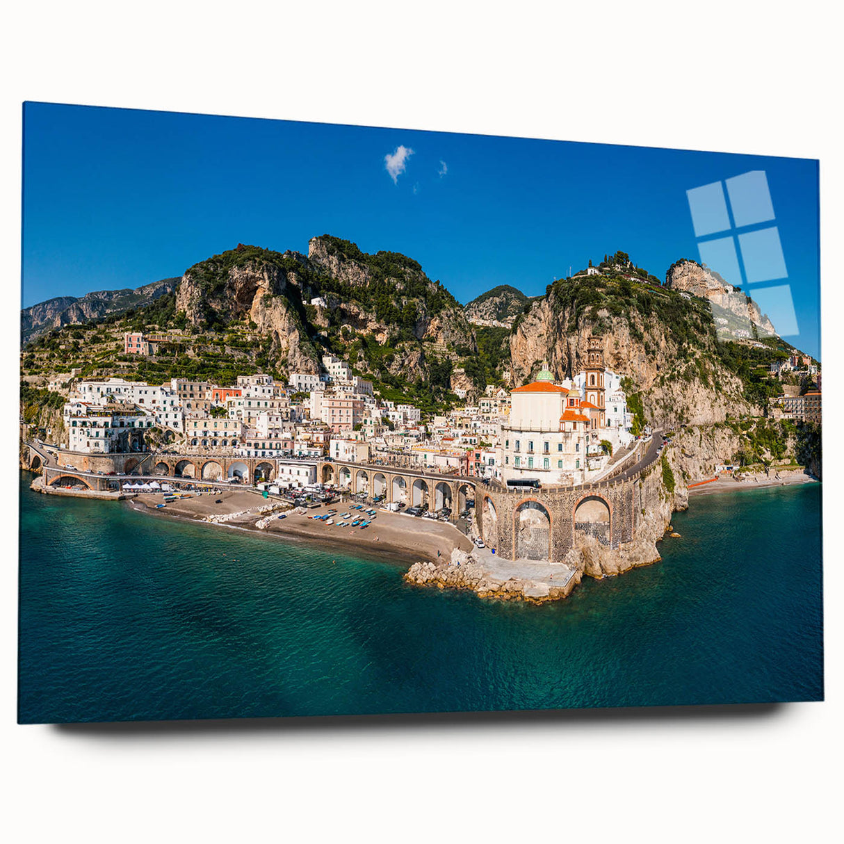 Acrylic print of the Amalfi Coast in Italy, featuring vibrant blue and green tones, ideal for bedroom or dining room art.