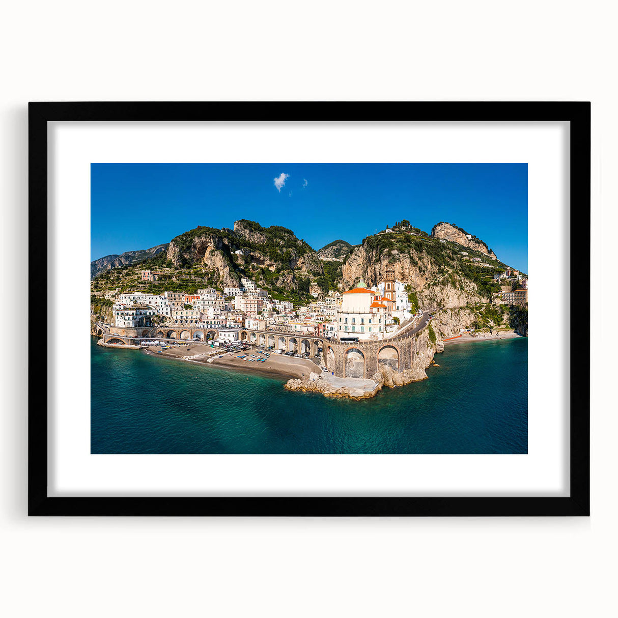 Colorful abstract art print of the Amalfi Coast in Italy on a large framed canvas, featuring a textured finish.