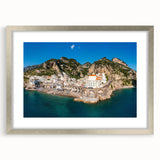 Extra large wall art featuring an abstract rendition of the Amalfi Coast in textured hues of blue and white.