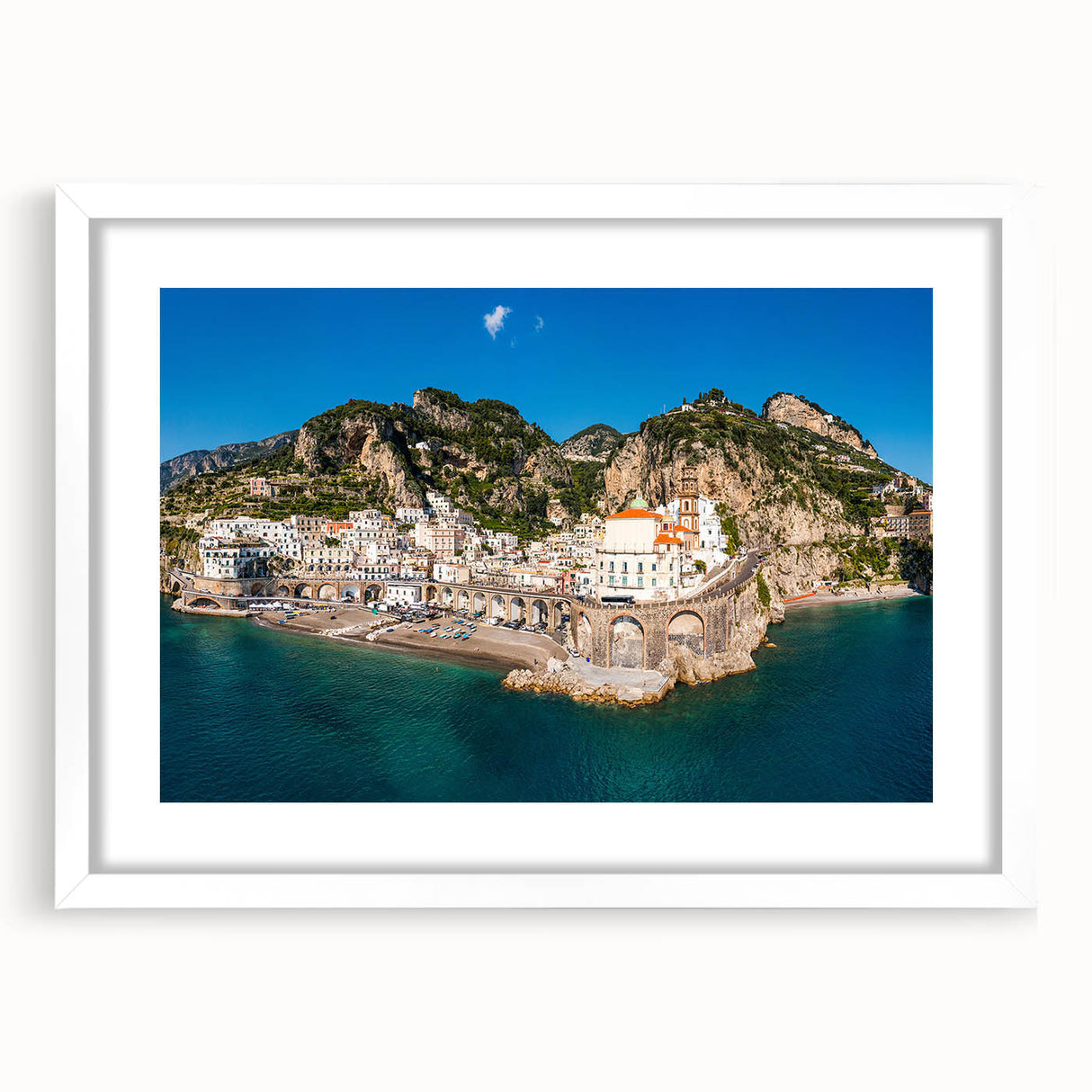 Textured art print of abstract Amalfi Coast landscape in muted blue and white tones on a framed white mat.