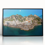 Framed acrylic print of Amalfi Coast with vivid blue and white colors in a mid-century modernist style.