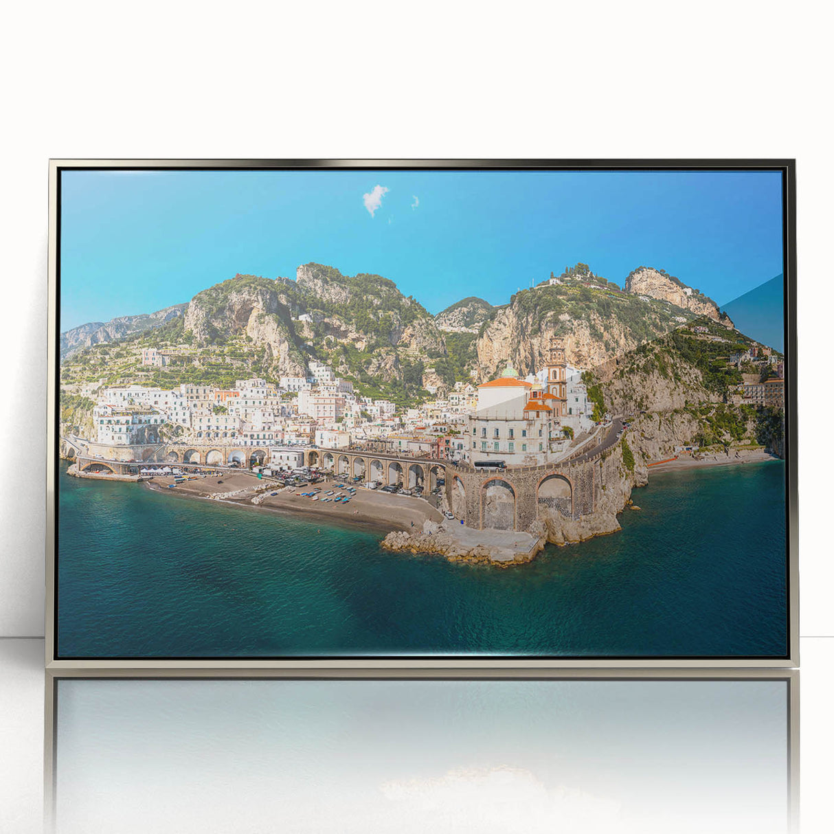 Framed acrylic print of Amalfi Coast with vivid blue and white tones, ideal for modern art wall decor.