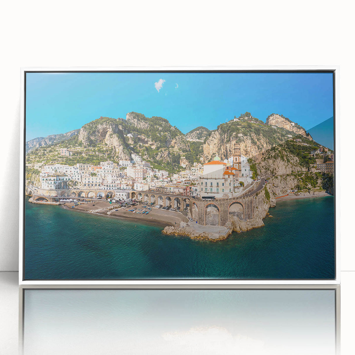 Mid-century modernist art depicting the Amalfi Coast in muted pastel hues on a framed acrylic, ideal for nursery wall art.