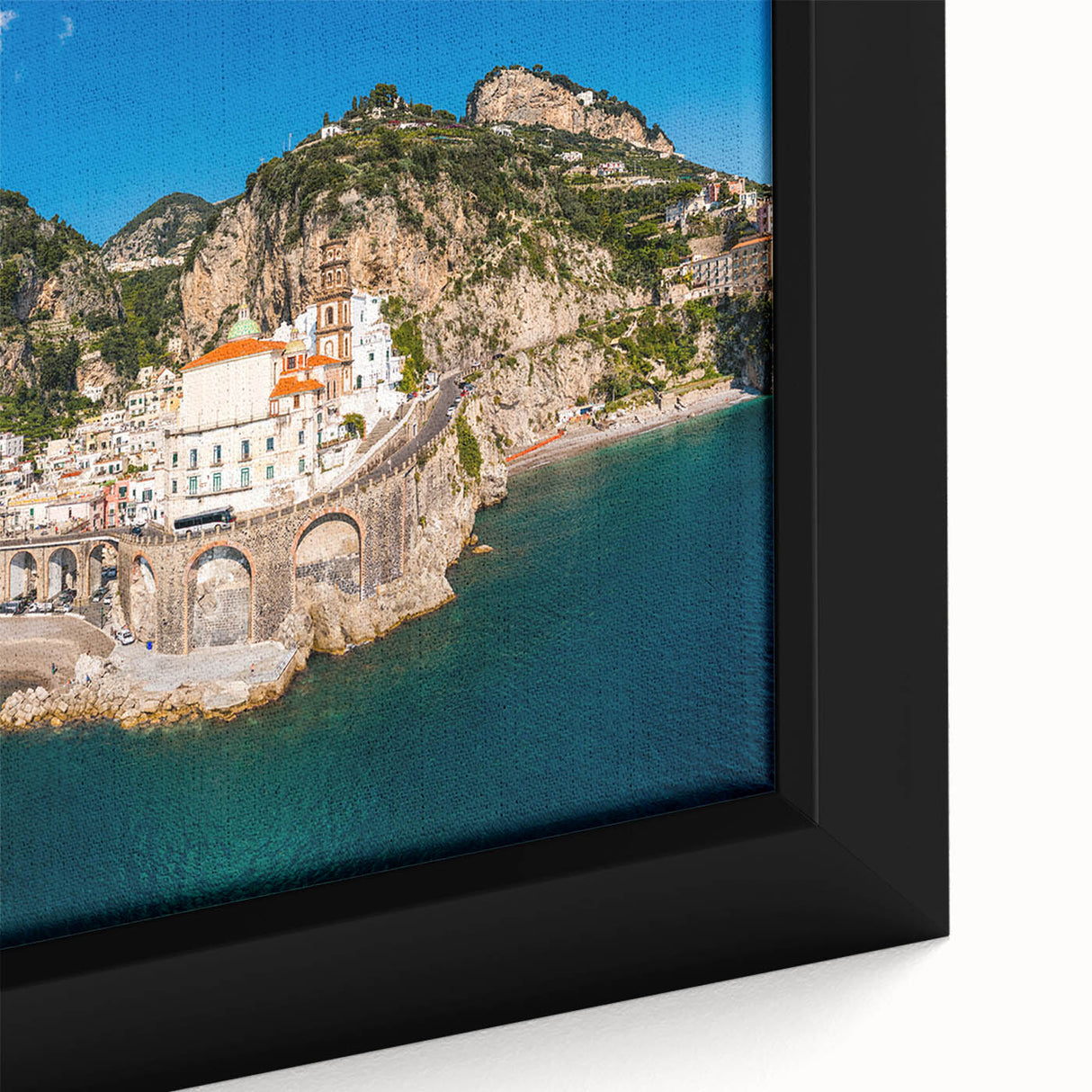 Black framed canvas featuring a textured, colorful depiction of the Amalfi Coast, ideal for extra large living room wall art.