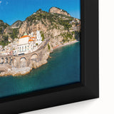 Black framed canvas featuring a textured, colorful depiction of the Amalfi Coast, ideal for extra large living room wall art.