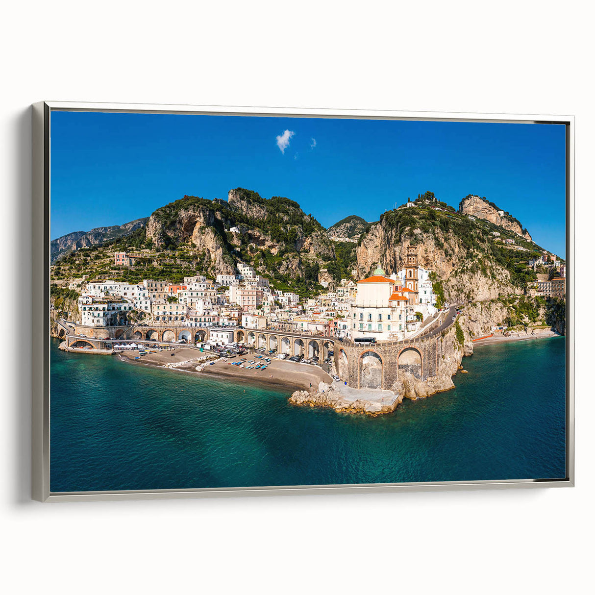 Framed canvas featuring a vintage-style landscape art painting of the Amalfi Coast with vivid colors.