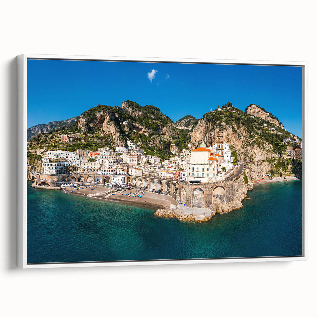 Vintage poster art of Amalfi Coast with colorful palette on extra large framed canvas, suitable for living room decor.