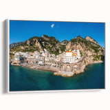 Vintage poster art of Amalfi Coast with colorful palette on extra large framed canvas, suitable for living room decor.
