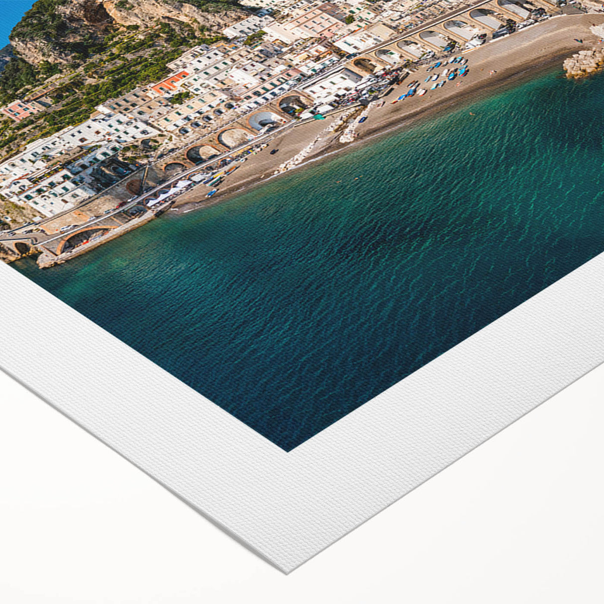 Art deco poster of the Amalfi Coast with vivid blue and white tones on rolled canvas, suitable for dining room decor.
