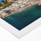 Art deco poster of the Amalfi Coast with vivid blue and white tones on rolled canvas, suitable for dining room decor.