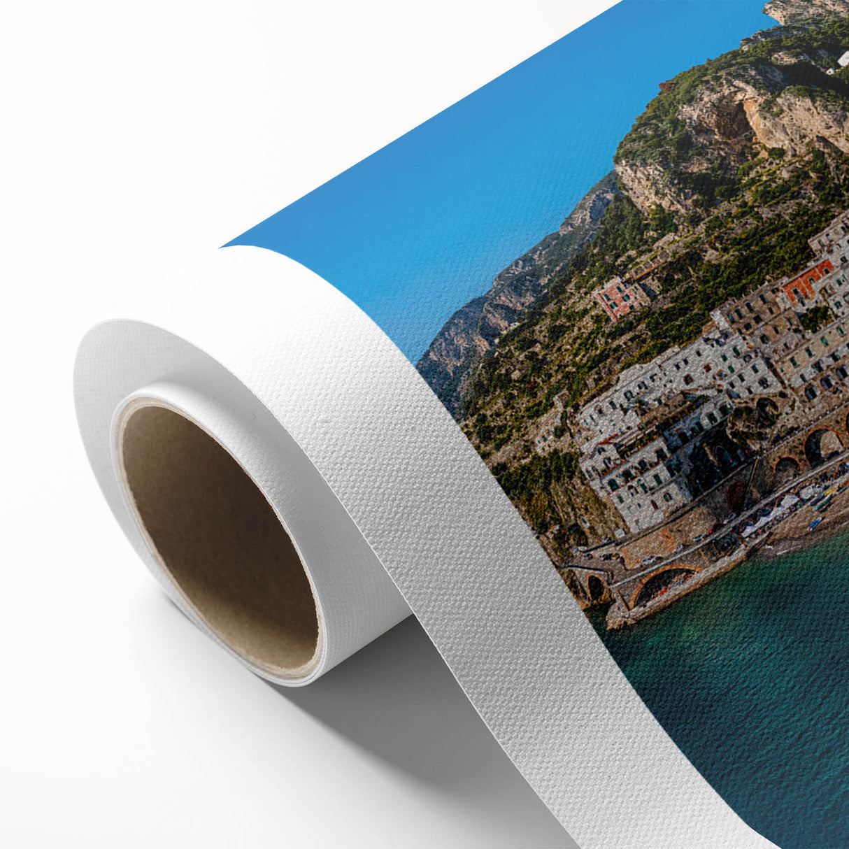 Art Deco poster of Amalfi Coast with vibrant blue and pastel yellow tones on rolled canvas, ideal for nursery wall art.