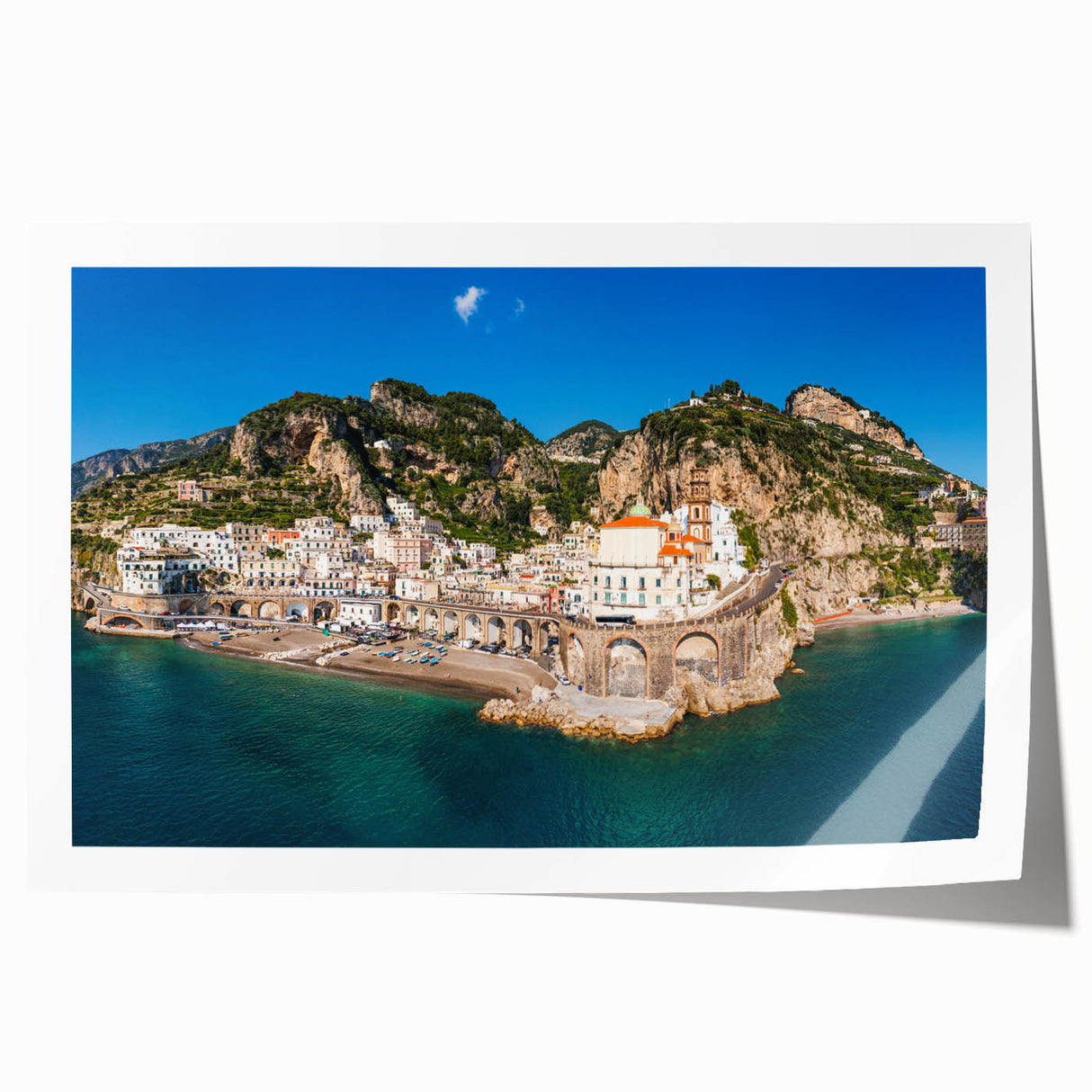 Rolled print of Amalfi Coast with vibrant coastal colors, ideal for art wall dining room.