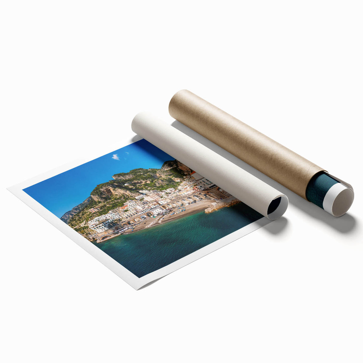 Extra large rolled print of the Amalfi Coast with vibrant blue and white tones, ideal for classy bathroom wall art.