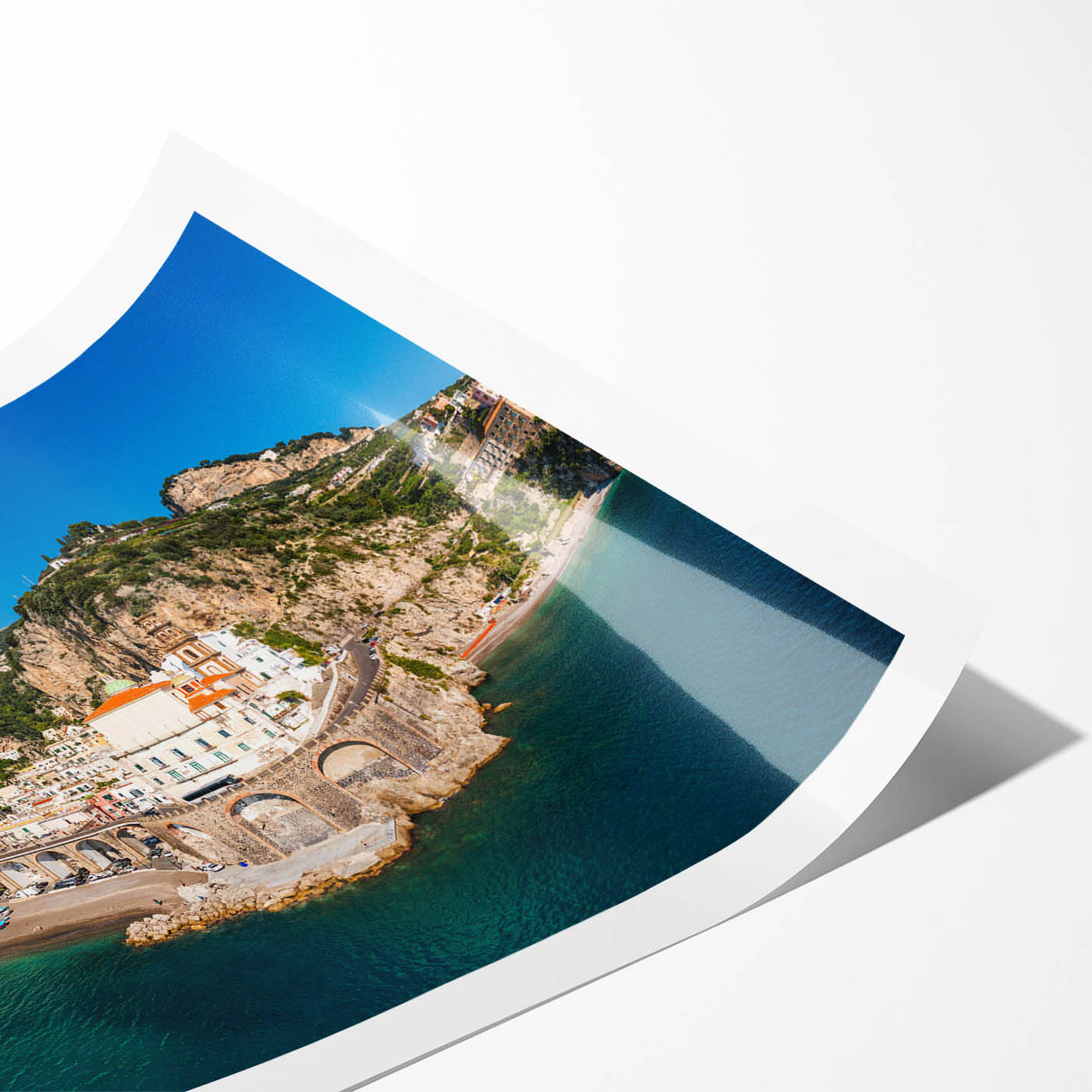 Extra large rolled print of the Amalfi Coast with line art flowers in soft pastel colors.