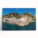 Black and white image of the Amalfi Coast on stretched canvas, ideal for kitchen wall art.