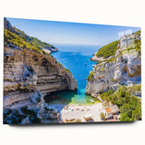 Large abstract depiction of Capri, Italy in vibrant blues and greens on acrylic glass, ideal for bedroom or dining room art.