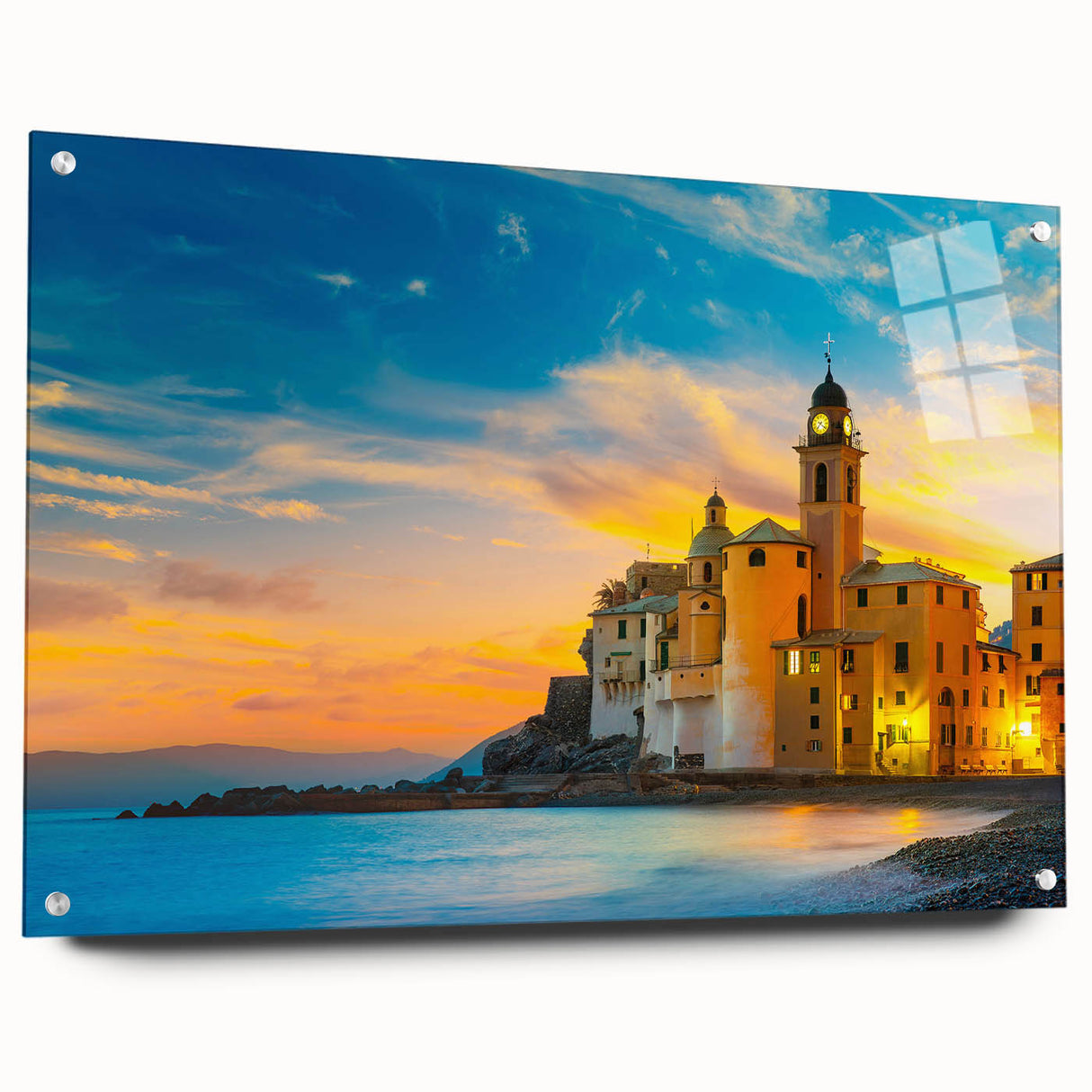 Acrylic print of Cinque Terre with vivid coastal colors, suitable for bedroom or dining room decor.