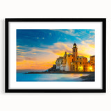 Colorful abstract art print of Cinque Terre with textured finish, in a black frame, ideal for large living room walls.
