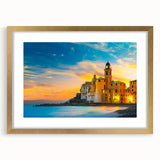 Abstract art print of Cinque Terre with vibrant coastal colors on a framed gold mat, ideal for dining room decor.
