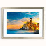 Extra large framed wall art depicting an abstract Cinque Terre scene in textured, muted colors, ideal for living room decor.
