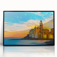 Large abstract wall art depicting the Cinque Terre coastline in muted earth tones, framed in black acrylic.