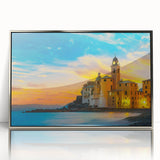 Framed acrylic print of Cinque Terre scenery in Italy with muted earth tones, ideal for modern art wall decor.
