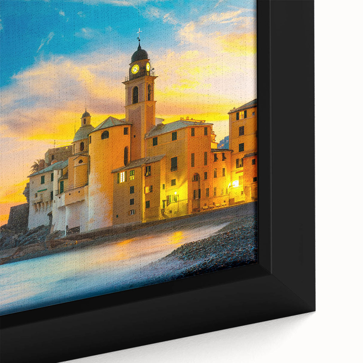 Extra large framed canvas featuring a textured black wall art of Cinque Terre with vibrant colors.