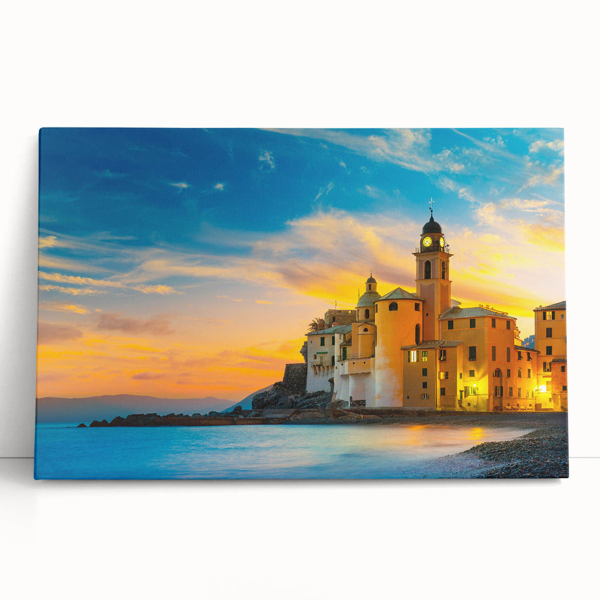 Black and white stretched canvas of Cinque Terre scenery, ideal for kitchen wall art.