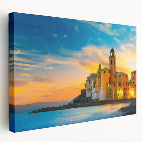 Stretched canvas depicting the colorful coastal village of Cinque Terre, Italy, ideal for kitchen wall art.